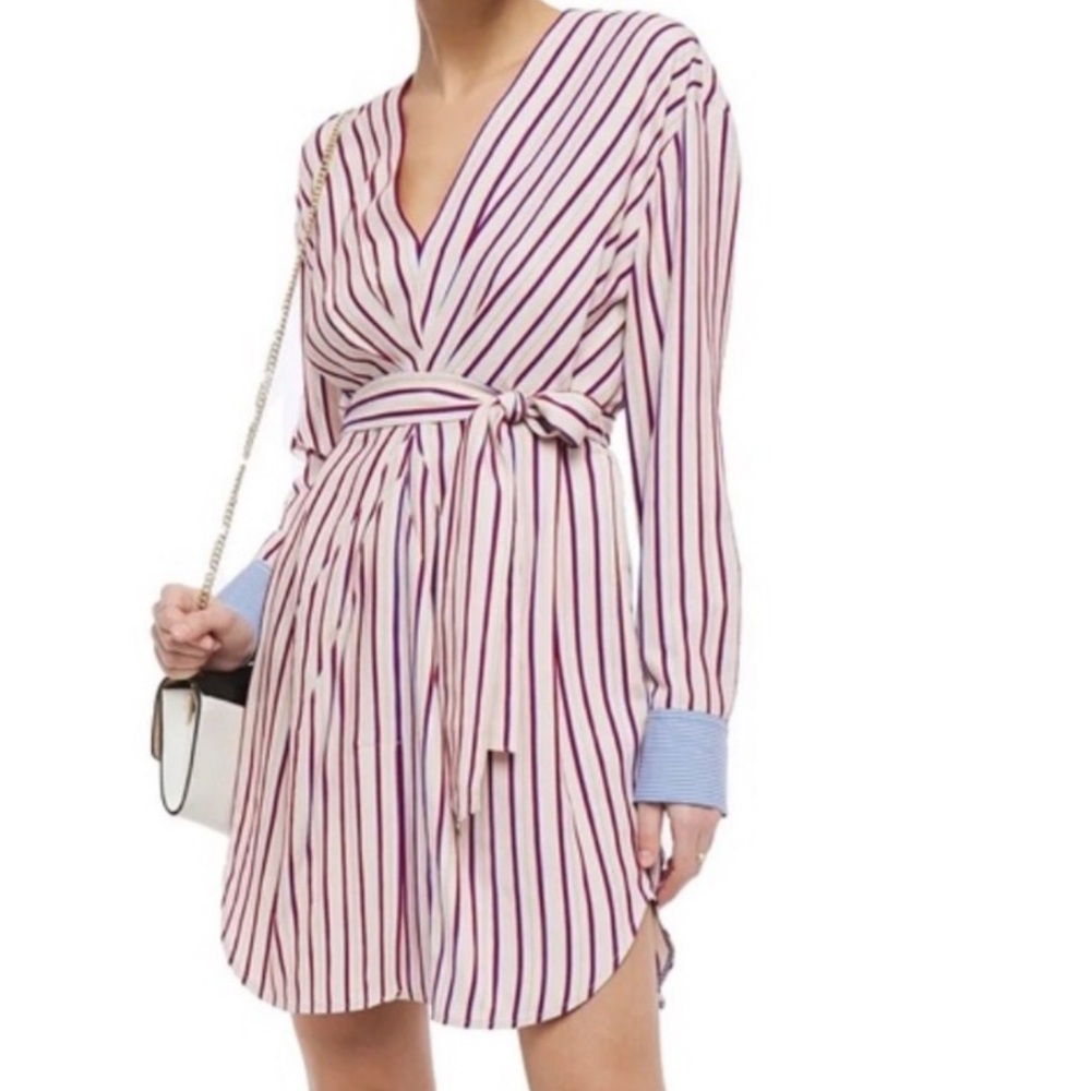 SANDRO Striped V-Neck Wrap Dress - Pink and Blue Size 36